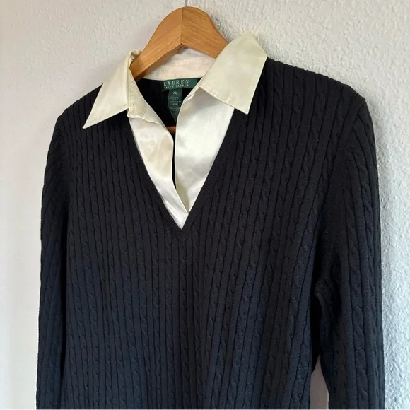 Lauren Ralph Lauren Womens XL Silk Cashmere Sweater Black Mock Layer Career Top - Picture 2 of 8